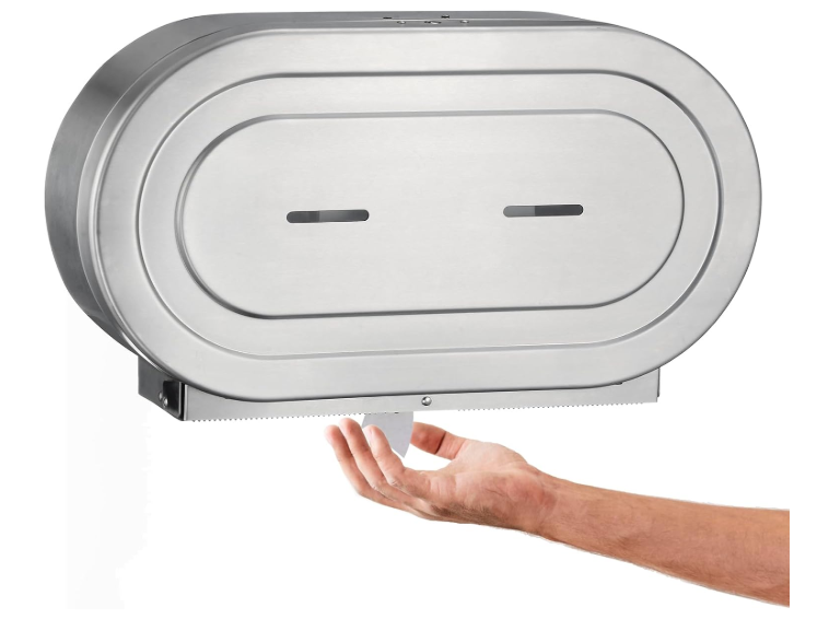 Stainless Steel Twin Jumbo Toilet Paper Dispenser Wall Mount, 9" Commercial Double Roll Holder, Industrial Tissue Dispenser with Key Lock, Satin Finish